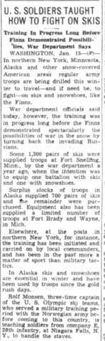 January 15, 1940 article in the Nassau Daily Review about US ski training maneuvers. Courtesy Doug Schmidt/National Association of the 10th Mountain Division, Inc. January 15, 1940 article in the Nassau Daily Review about US ski training maneuvers. Courtesy Doug Schmidt/National Association of the 10th Mountain Division, Inc.