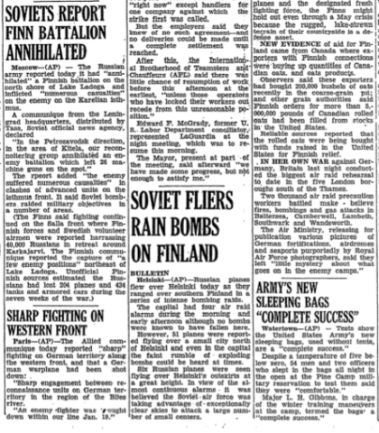 January 20, 1940 article in the Ogdensburg Journal regarding Soviet advances over Finnish troops, sleeping bag tests.Courtesy Doug Schmidt/National Association of the 10th Mountain Division, Inc. January 20, 1940 article in the Ogdensburg Journal regarding Soviet advances over Finnish troops, sleeping bag tests.Courtesy Doug Schmidt/National Association of the 10th Mountain Division, Inc.