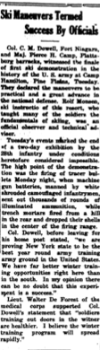 March 1, 1940 article from the Lake Placid News on Pine Camp maneuvers. Courtesy Doug Schmidt/National Association of the 10th Mountain Division, Inc. March 1, 1940 article from the Lake Placid News on Pine Camp maneuvers. Courtesy Doug Schmidt/National Association of the 10th Mountain Division, Inc.