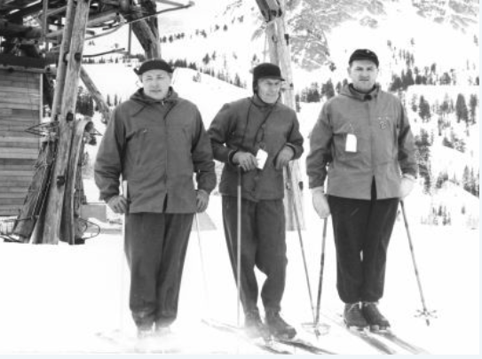 Roger Langley on right, with Ed Rendell and Mr. Reddish at Ogden UT Ski Basin in 1942 Langley (June 4, 1901 – 1986) was the president of the National Ski Association of America (now known as U.S. Ski & Snowboard Association) from 1936 – 1948 and a driving force behind the founding of the National Ski Patrol. Photo courtesy Canadian Ski Hall of Fame and Museum. Roger Langley on right, with Ed Rendell and Mr. Reddish at Ogden UT Ski Basin in 1942 Langley (June 4, 1901 – 1986) was the president of the National Ski Association of America (now known as U.S. Ski & Snowboard Association) from 1936 – 1948 and a driving force behind the founding of the National Ski Patrol. Photo courtesy Canadian Ski Hall of Fame and Museum.