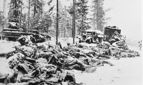 The aftermath of the Motti action on the Raate Road: Russian dead and knocked out T-26 tanks. Photo credit SA-Kuva The aftermath of the Motti action on the Raate Road: Russian dead and knocked out T-26 tanks. Photo credit SA-Kuva
