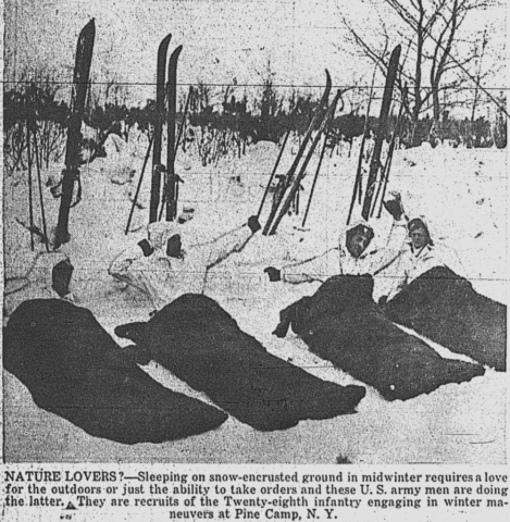 Soldiers of the 28th Infantry test sleeping bag during the 1939-1940 Pine Camp maneuvers. Courtesy Doug Schmidt/National Association of the 10th Mountain Division, Inc. Soldiers of the 28th Infantry test sleeping bag during the 1939-1940 Pine Camp maneuvers. Courtesy Doug Schmidt/National Association of the 10th Mountain Division, Inc.