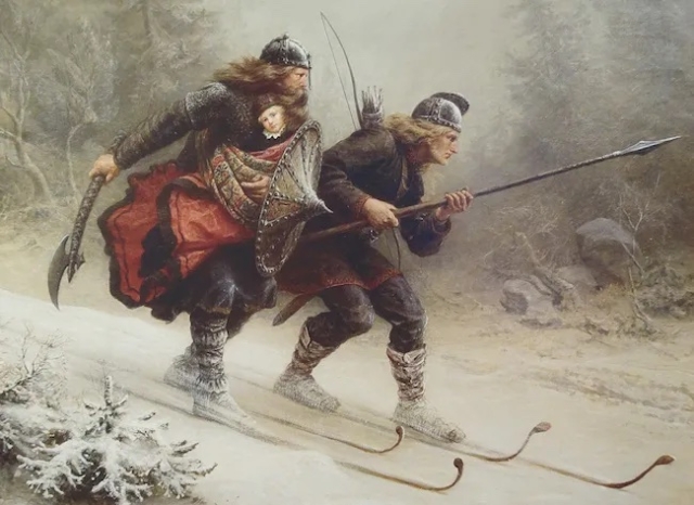 The most famous ski painting in the world, this 1869 work by Knud Larsen Bergslien depicts Birkebeiner skiers carrying the  heir to the throne of Norway, infant Prince Haakon, to safety during the winter of 1206. He was in danger of being kidnapped and killed by an opposing faction in the rampant civil wars of that time. The prince grew up to be King Haakon IV, who reigned from 1217 to 1263, his entire adult life. Photo credit: New England Ski Museum