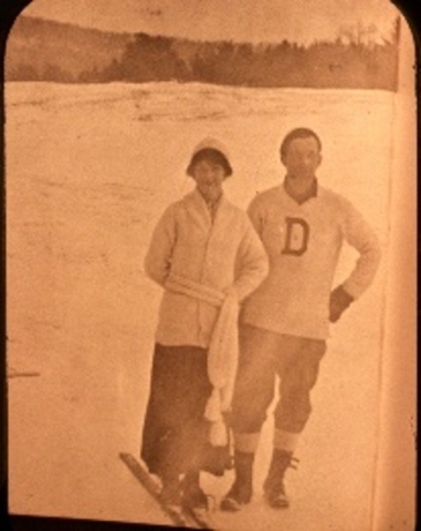 DOC member and female friend on skis, ca. 1915. When Harris initially proposed the DOC, he included a winter carnival equivalent of summer prom, and the social aspect of skiing became increasingly important.  Photo credit: New England Ski Museum