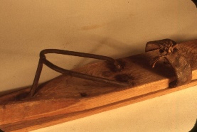 Leather and metal ski binding, ca. 1905-6. Absent ski boots, early skiers used ordinary winter boots, making control of the heel while skiing critical. Farriers would construct metal cases into which the heel would go, providing stability. Photo credit: New England Ski Museum