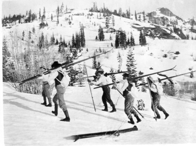 California minders in ca. 1880s earning their turns. Miners would represent their camps in the races. Photo credit: New England Ski Museum