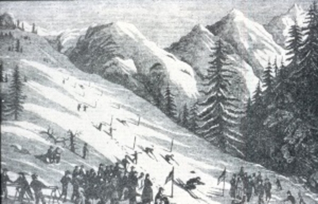 Lithograph of a Californian mining camp ski race. Only known illustration to show the entire race course, which has been cleared of wood and has wooden poles marking the boundaries of the course. Note doping in lower left of lithograph. Photo credit: New England Ski Museum