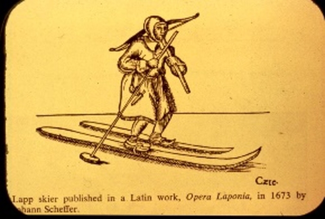 1673 depiction of Lapp skier by Johann Schefferus. Photo credit: New England Ski Museum