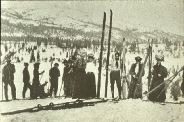 California mining families with racing skis. In the mid- to late-1800s, Californian mine workers would organize races when blizzards shut down the mining camps. The races became carnival-type events. Skiers raced for clubs, and for purses that could go as high as $100 (when miners made $3 per day.)  Photo credit: New England Ski Museum