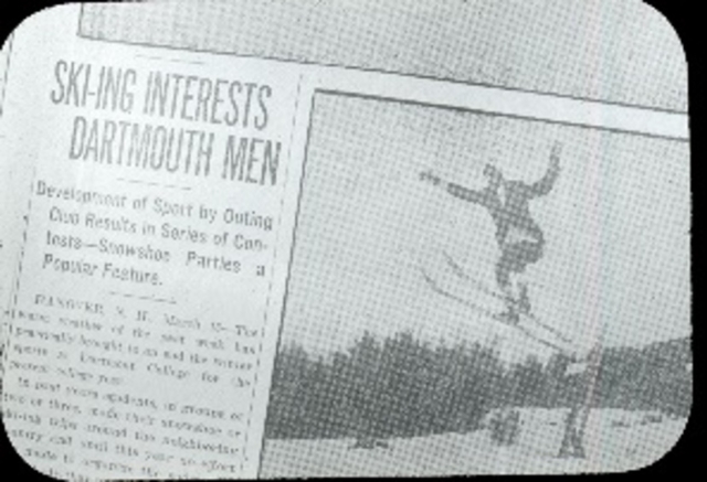 DOC founder Fred Harris is pictured jumping in this news clipping about the DOC. Photo credit: New England Ski Museum
