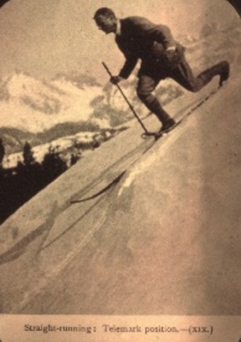 A skier, most likely Austrian, demonstrates the straight running telemark position, ca. 1920. This Norwegian form of skiing was soon displaced by the Arlberg style, a more appropriate technique for the steeper terrain of the Alps. Photo credit: New England Ski Museum