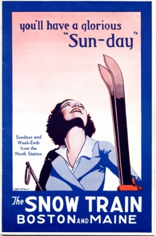 Railroads ran “suntan specials” to promote the snow trains, which lured office workers and middle-class Americans. This in turn began to add socioeconomic diversity to the sport, which  had increasingly become associated with the wealthy upper class. Photo credit: New England Ski Museum