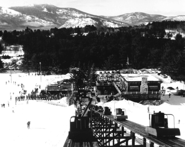 The Skimobile at Cranmore, New Hampshire. Built in 1938, it remained in commission until 1982. After rope tows were introduced, various ways of transporting skiers were devised. This was one of the more extraordinary evolutions of the concept. Photo credit: New England Ski Museum