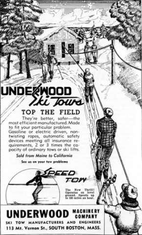 Ad for Underwood Ski Tows. The fine print advertises that the newest model could reach speeds up to 100 mph. How very different our concern for safety is these days. Photo credit: New England Ski Museum