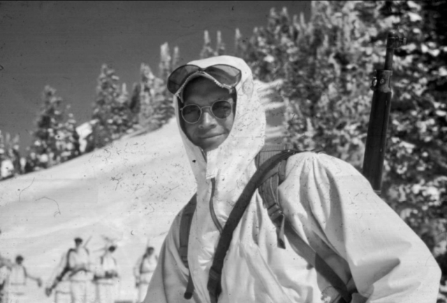 Paul R. Lafferty (1910-1992) (HQ 10TH DIV) played important roles in the development of the 10th Mountain Division, particularly in regard to its ski training. Born in Eugene, Oregon, he attended the University of Oregon, where he swam and played in the school band. After graduating in 1933, he amassed cowboy and mountaineering experience en route to joining the Army. During the winter of 1940-41, when the Army created its experimental ski patrols, he served as the Technical Advisor of the 15th Infantry’s 3rd Division experimental ski patrol at Tacoma’s Fort Lewis, leading a series of trips on various sides of Mt. Rainier over the course of the winter. After the patrols were disbanded in the spring, he accompanied Bestor Robinson and a party of ski experts on a ski touring expedition in California’s High Sierra that tested equipment for the mountain troops. He then began recruiting men (including his brother, Ralph, one of the founders of the University of Oregon’s ski team) for a larger cadre of skiers and mountaineers, and in the fall of 1941 he became part of the small nucleus of key instructors for the 1st Battalion (Reinforced), 87th Mountain Infantry Regiment at Fort Lewis, where he helped evolve a form of skiing suitable for mountain manouevers. In late spring 1942 he was part of a select contingent of men who made training films for the ski troops at Sun Valley, and personally oversaw the editing in Hollywood. He again served as a key officer when the unit moved to Camp Hale late in 1942, was given command of a battalion of the 86th Infantry in the spring of 1943, and took command of the Mountain Training Group in 1944.
