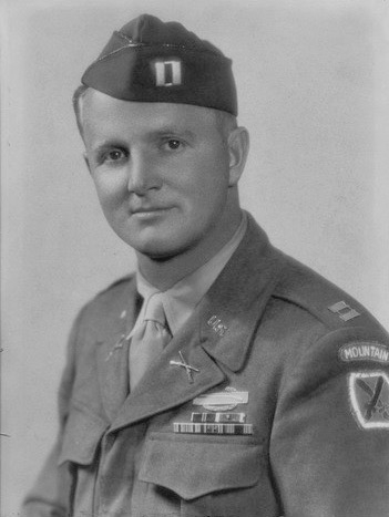 Worth McClure, Jr. (1912-1965) was born and raised in the Seattle area, where his father was the superintendent of Seattle public schools. After graduating from the University of Washington with an economics degree, he did advanced studies at UCLA and Whitmore College, then moved to Los Angeles with his wife. He enlisted in the Army on March 24, 1942, in Los Angeles, where he had been working as a salesman for Harlan G. Mills. He joined the 87th Mountain Infantry at Fort Lewis, Washington. After the 10th Mountain Division moved to Camp Hale, McClure transferred to 86-C. He deployed to Italy with the Division, where, as Captain, he led C Company up Riva Ridge on Feb. 18-19. He was wounded in action on February 23, 1945 near Mt. Serrasiccia and again on March 4, 1945 near Sassomolare, an action for which he was awarded a Bronze Star. Following the war he began work with the personnel division of the State of California, and eventually served, from 1953-1958, as Nevada’s first state personnel director.